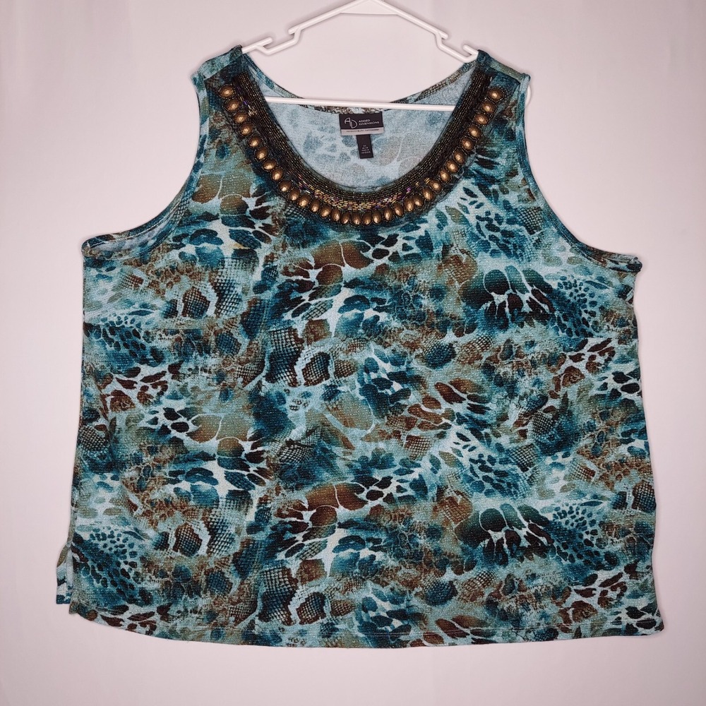Catherines Knit Tank Women 3X Teal Brown Abstract Beaded Sparkle Scoop Neck